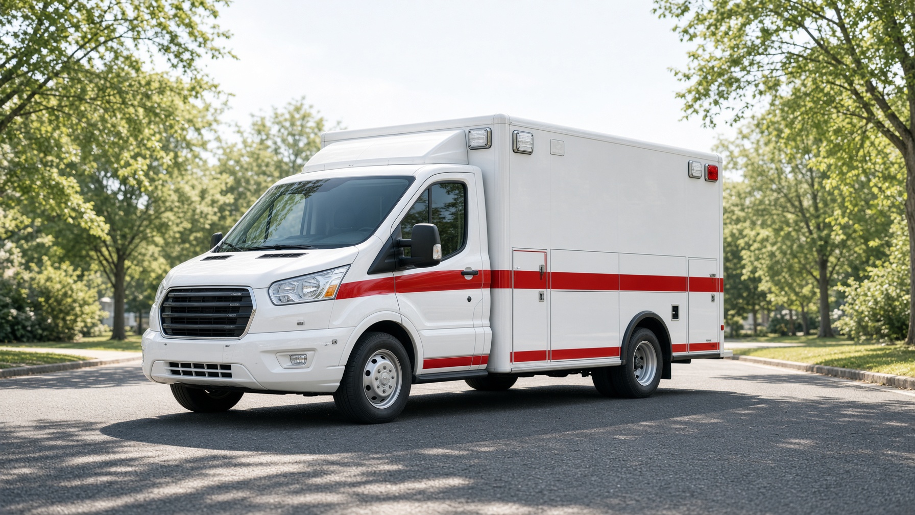 White ambulance with a red stripe parked on a sunlit street