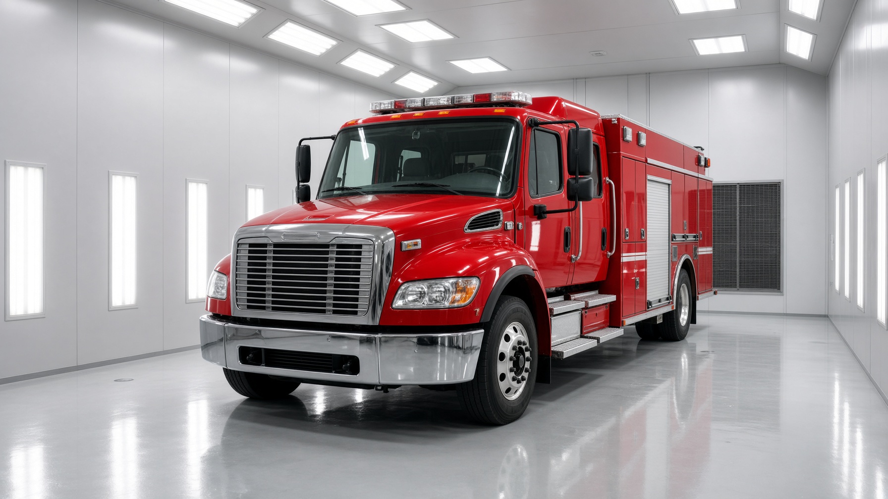 Red fire engine inside a bright, clean paint booth