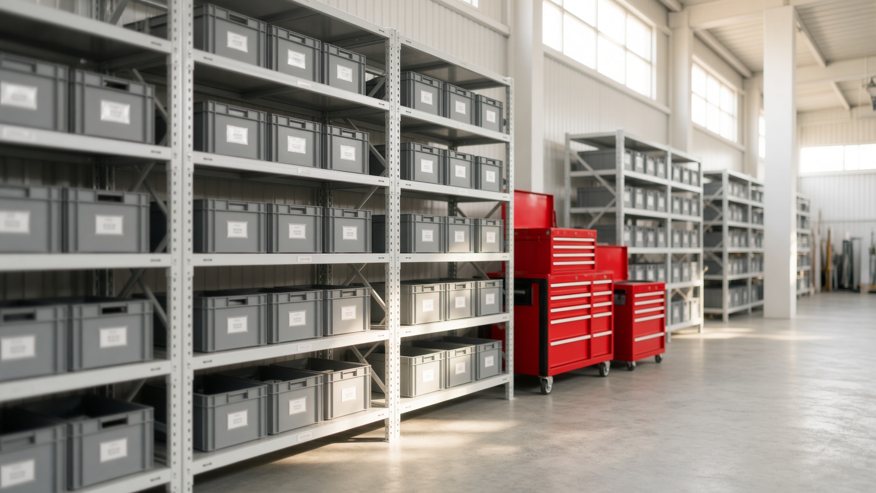 Bright parts room with tall shelving and red tool chests