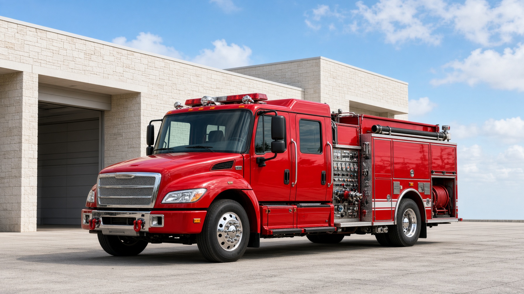 Red custom pumper parked in daylight in front of a fire station