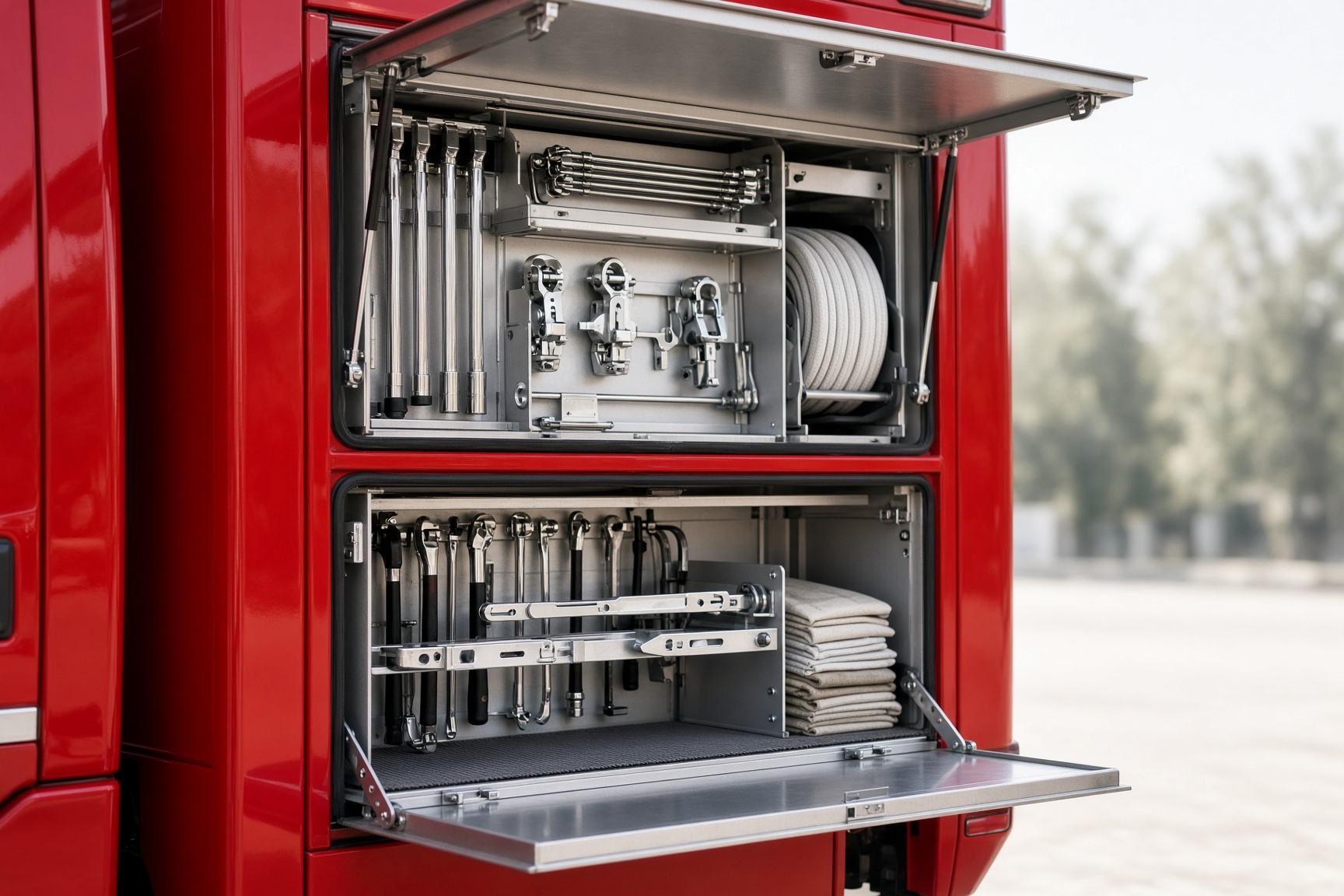Open fire apparatus compartments with mounted tools and hose
